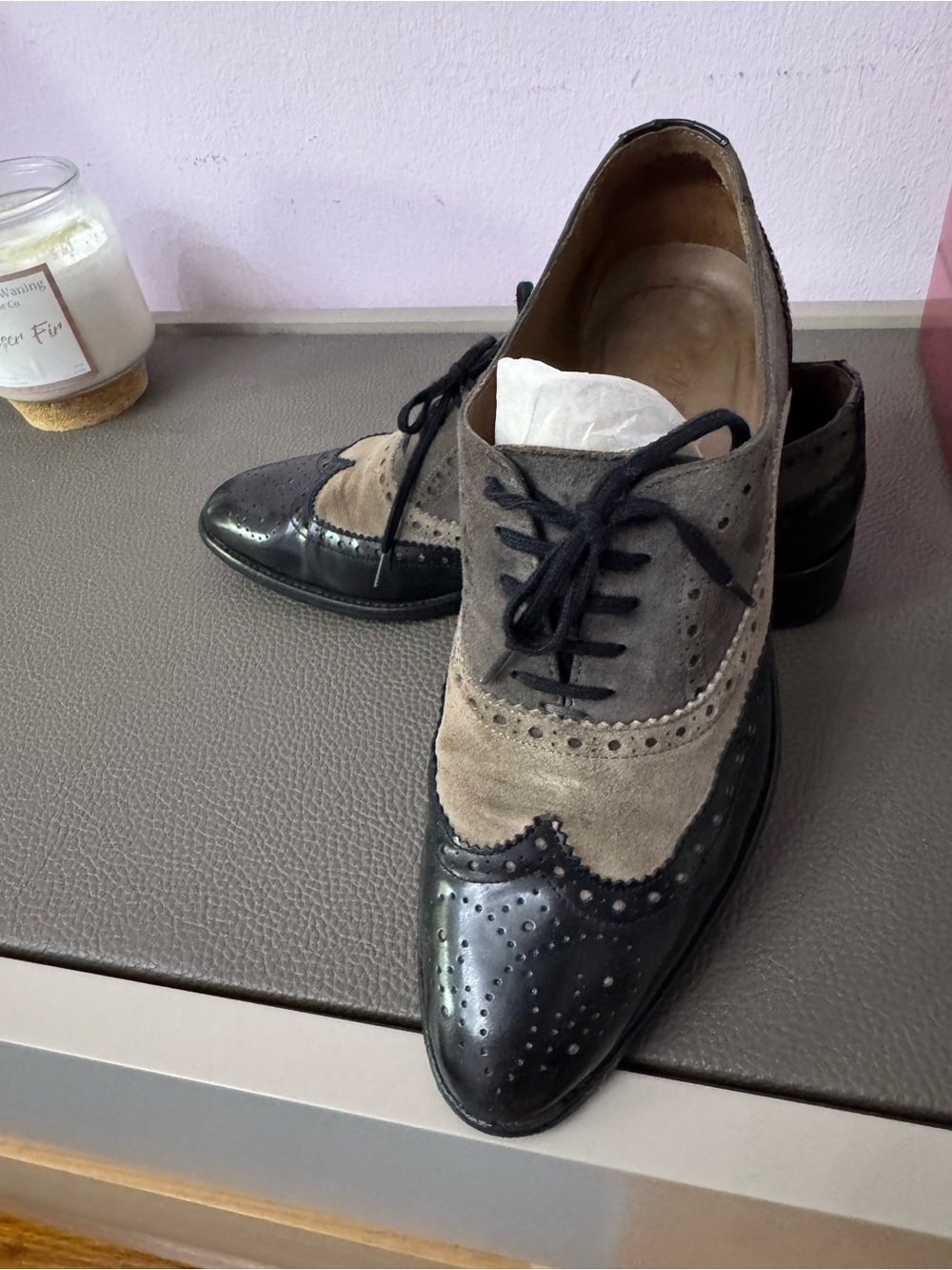 Classic Two-Tone Black and Taupe Men’s Brogue Oxford